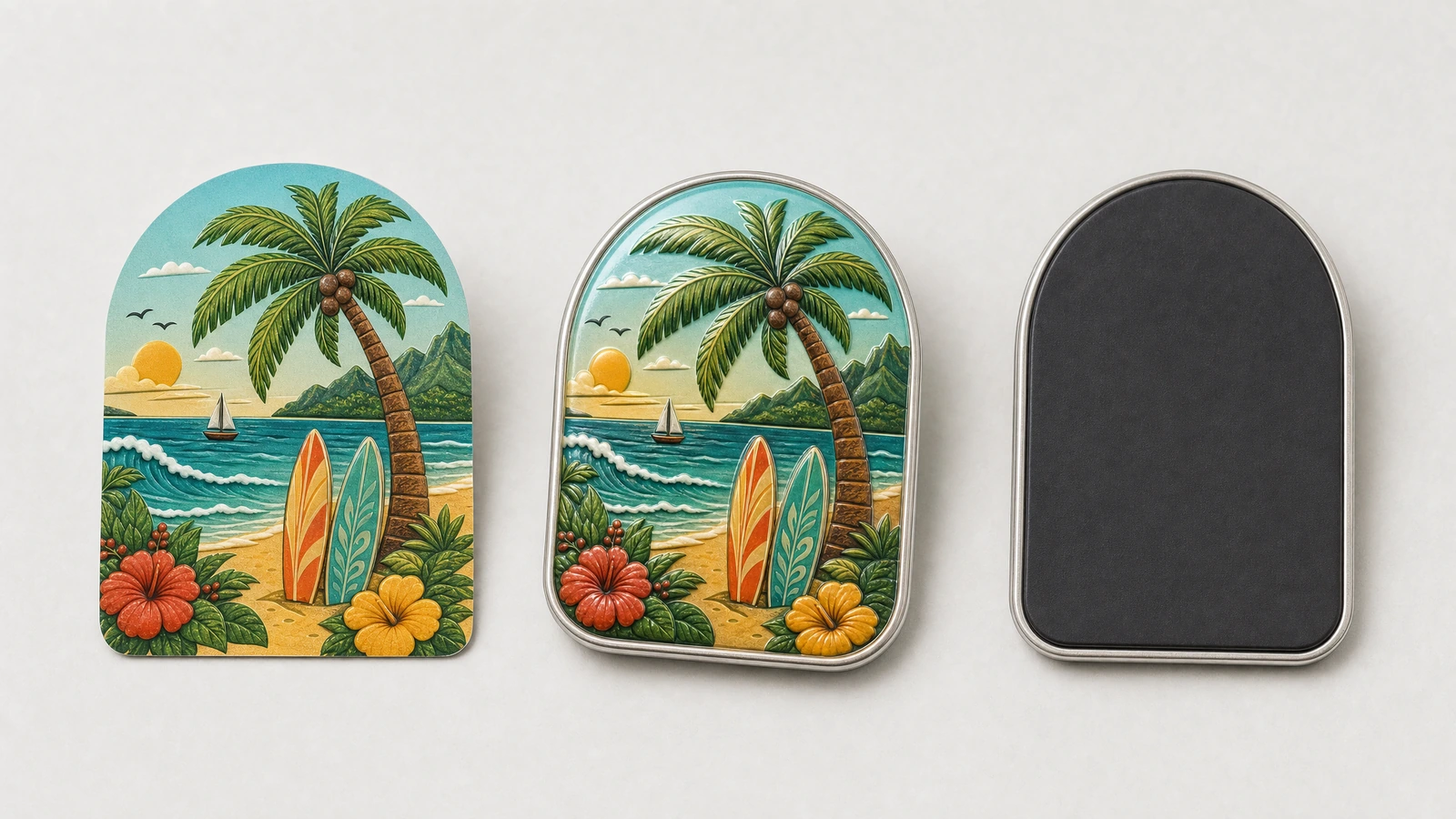 Immagine illustrativa di grafica stampata, magnete in latta finito e retro nero disposti affiancati