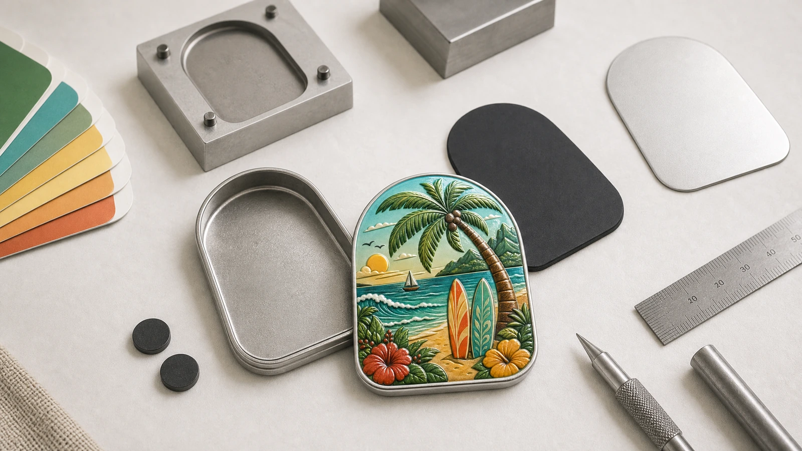Immagine illustrativa di un magnete in latta a tema tropicale, con forme metalliche e pezzi di supporto neri accanto a strumenti per la grafica