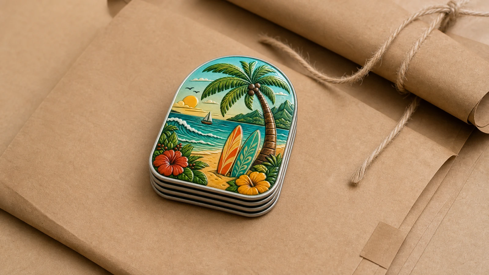 Immagine illustrativa di magneti in latta impilati su carta da pacchi kraft accanto a uno spago