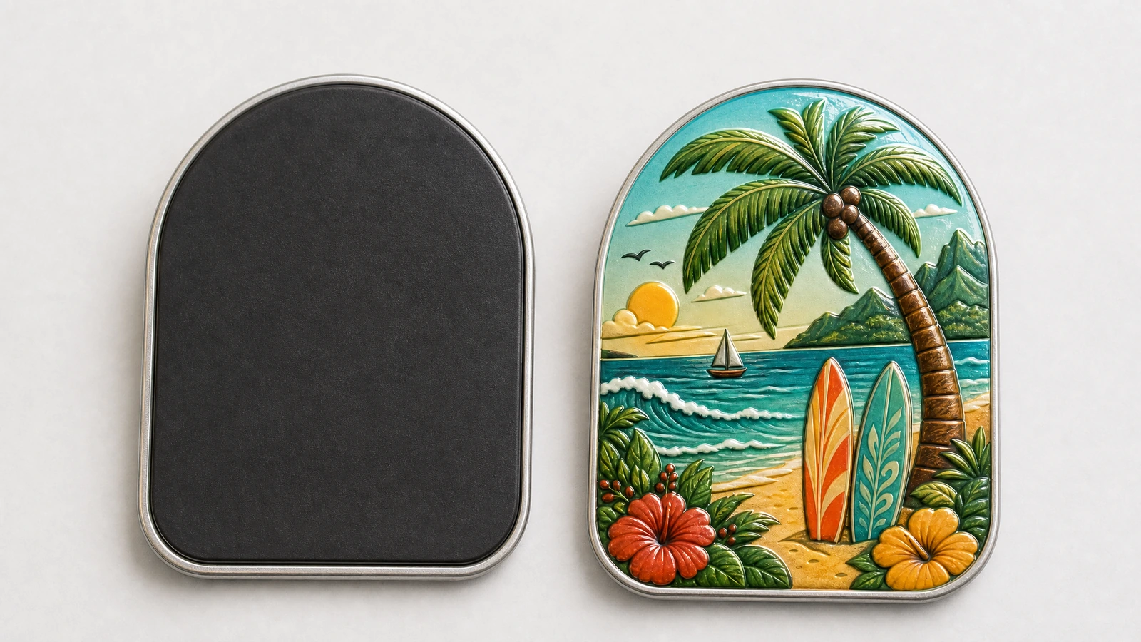 Immagine illustrativa del fronte di un magnete a tema tropicale accanto al retro con supporto nero