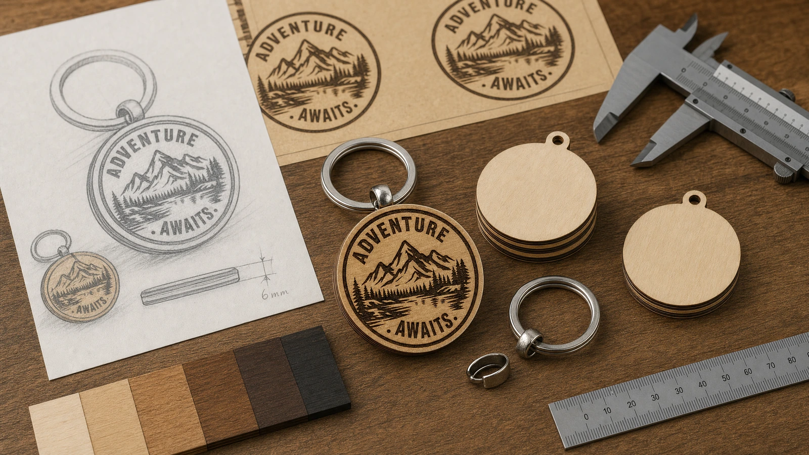 Portachiavi in legno e materiali per il design Portachiavi rotondo in legno con incisione di una montagna accanto a forme vuote, grafica, calibro a corsoio e righello