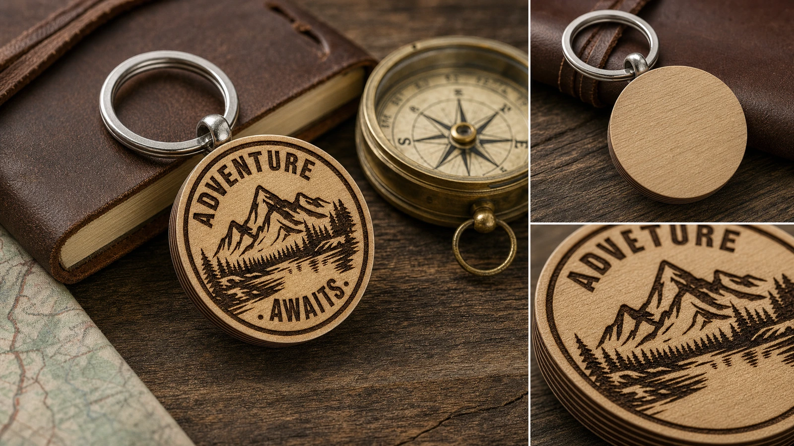 Portachiavi in legno: fronte, retro e dettaglio Collage di un portachiavi in legno inciso accanto a una bussola, al suo retro liscio e a un primo piano dell'incisione
