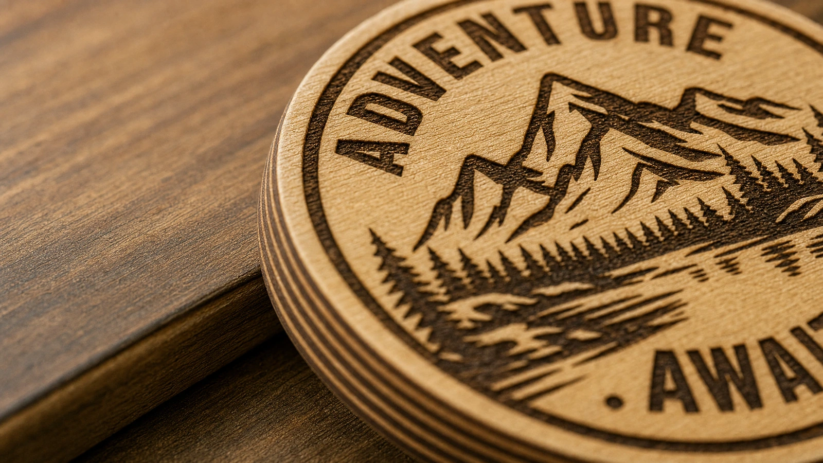 Superficie in legno inciso e bordo stratificato Primo piano dell'incisione di una montagna e della scritta «Adventure Awaits» su un disco di legno stratificato