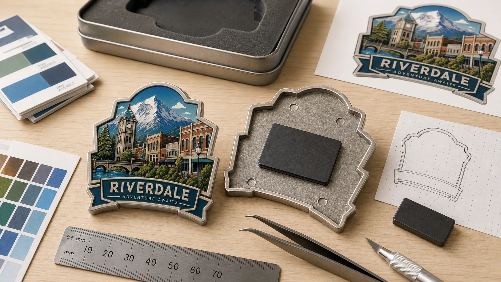 Esempio illustrativo di magnete souvenir Riverdale, retro, grafica e campioni di colore accanto a un righello