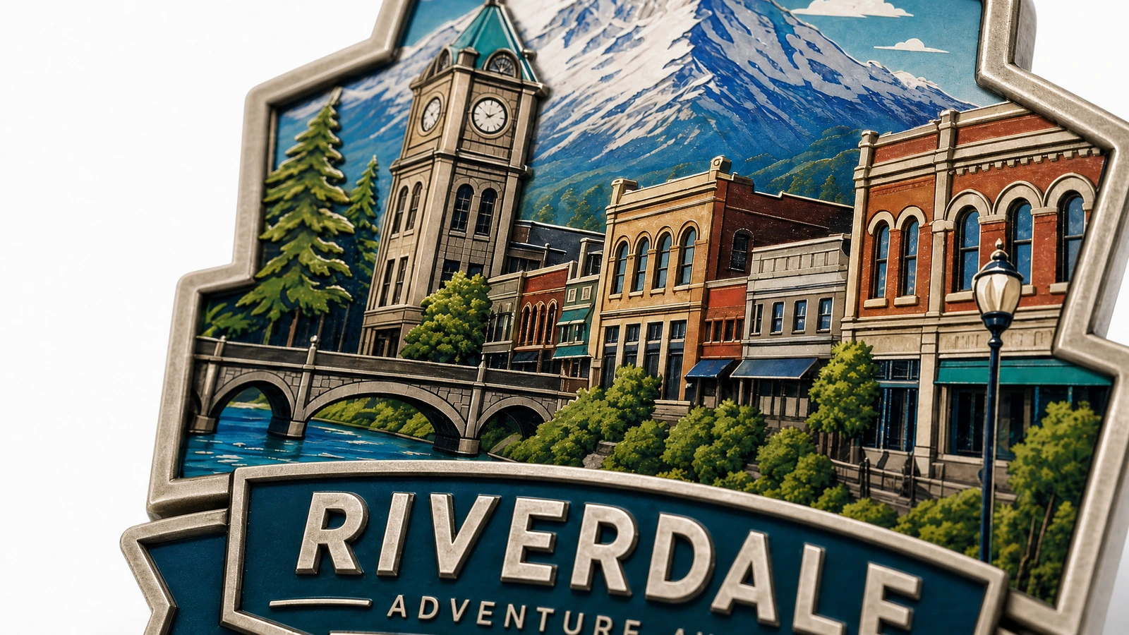 Primo piano illustrativo di edifici, grafica con montagne e scritta Riverdale sulla faccia del magnete