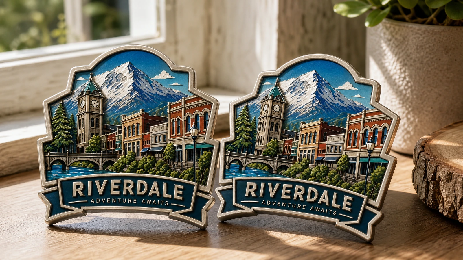 Esempio illustrativo di una coppia di magneti souvenir Riverdale su un davanzale di legno