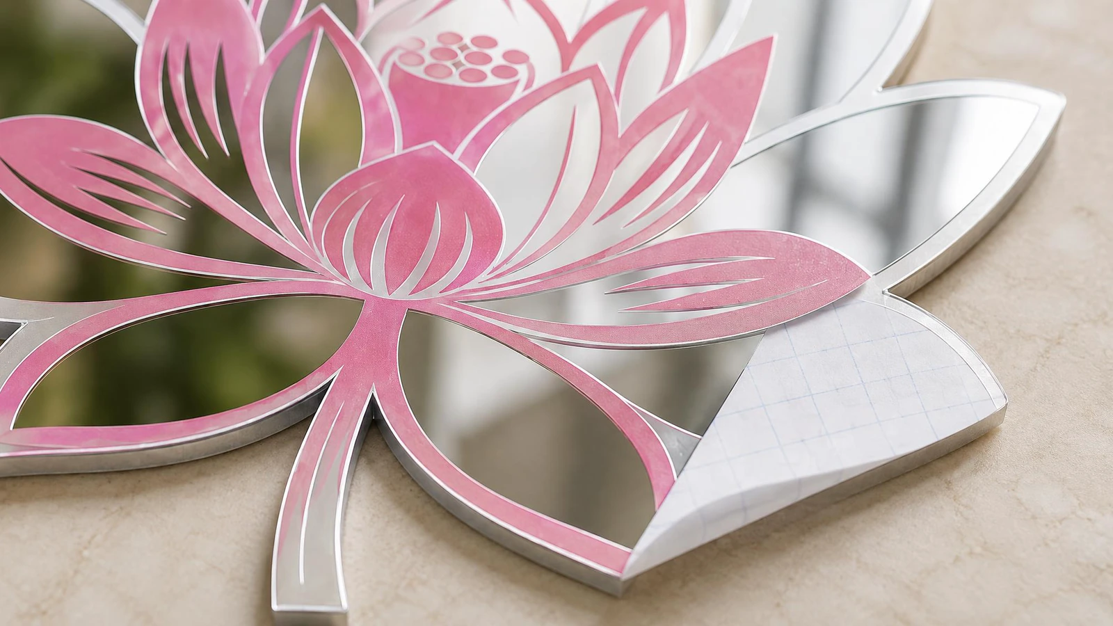 Primo piano dell'illustrazione del loto rosa su una decalcomania a specchio, con un angolo del foglio di supporto bianco sollevato