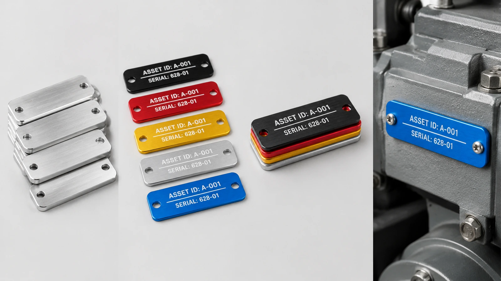 Retri argentati senza stampa, etichette per beni in alluminio stampate a colori e un'etichetta blu fissata a un'attrezzatura