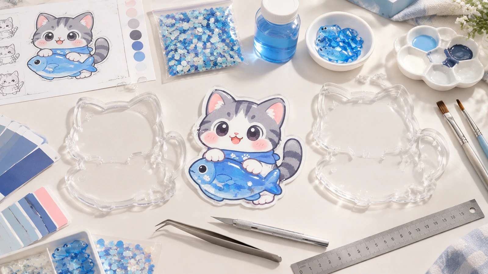 Materiali dell'adesivo shaker gatto e pesce Grafica di un adesivo shaker gatto e pesce con gusci blister trasparenti, paillettes blu, campioni di colore e strumenti per il bricolage su un piano