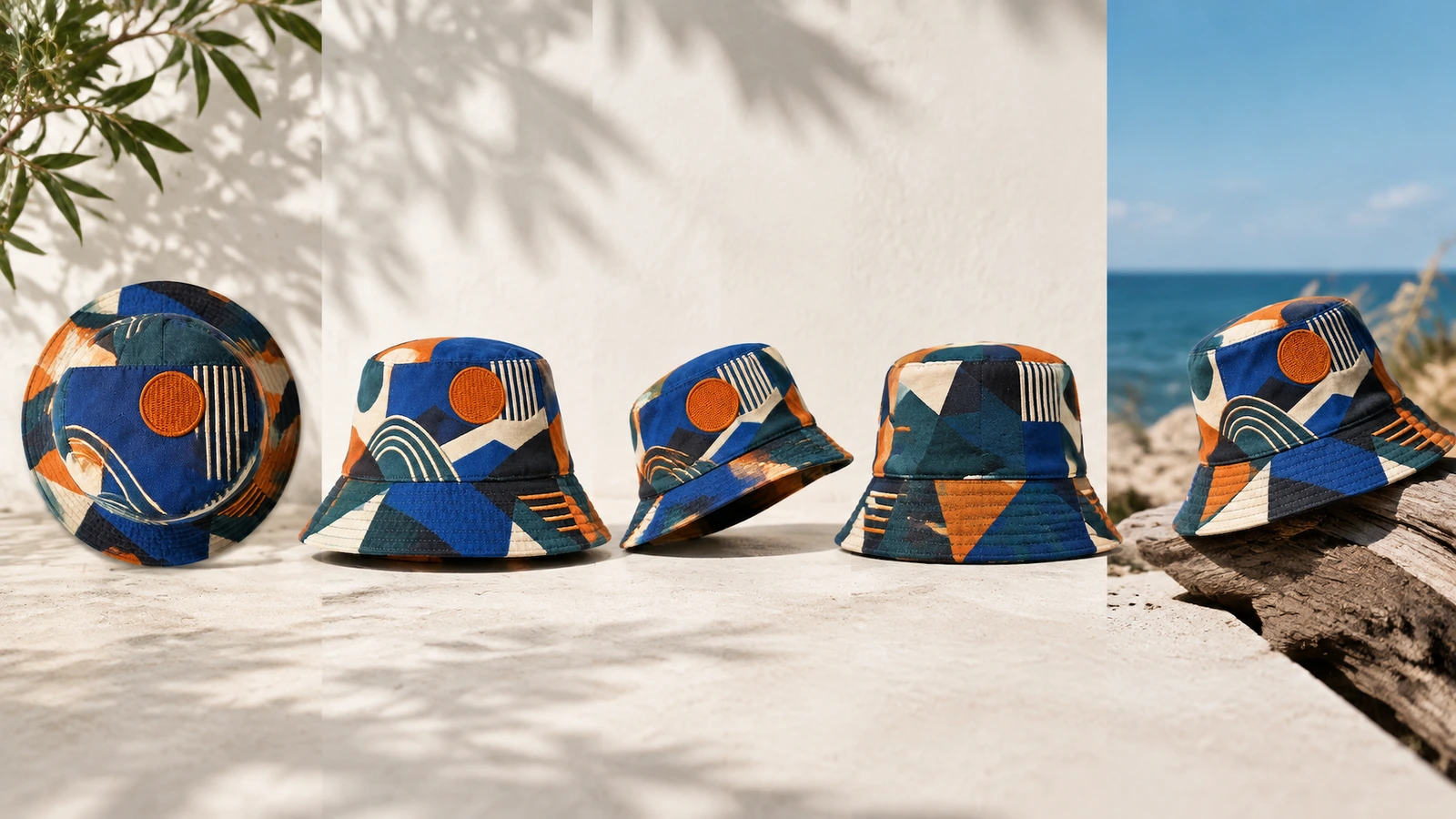 Collage di forme ed esposizione di bucket hat Collage di bucket hat a motivi, mostrate piatte, in verticale e accanto al mare
