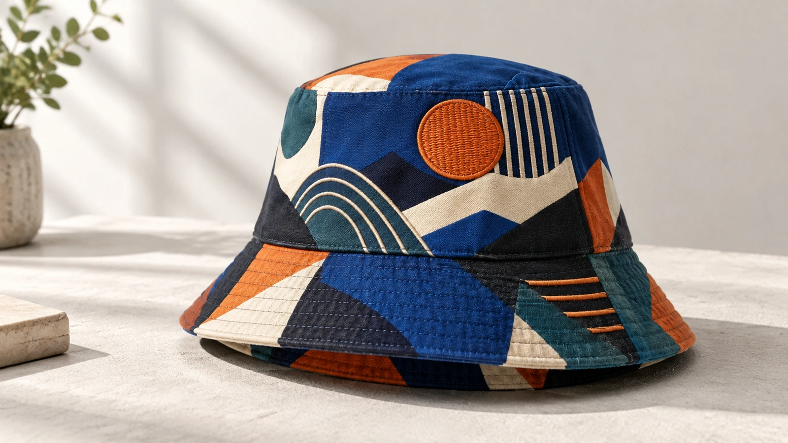 Esposizione di bucket hat a motivi Bucket hat a motivi esposta su una superficie di colore chiaro