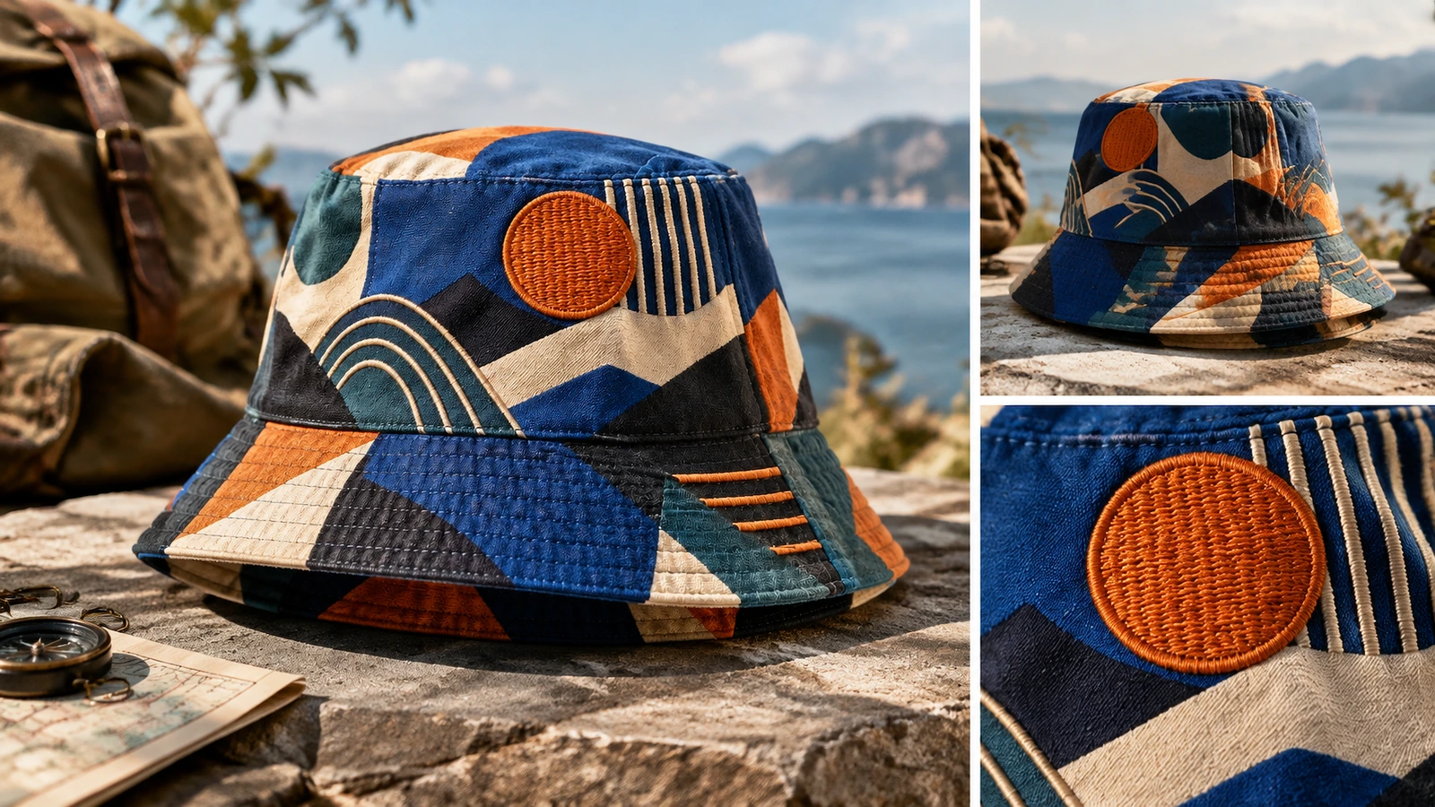 Esposizione all'aperto di bucket hat e dettagli Collage all'aperto di bucket hat con una vista posteriore e un primo piano del ricamo