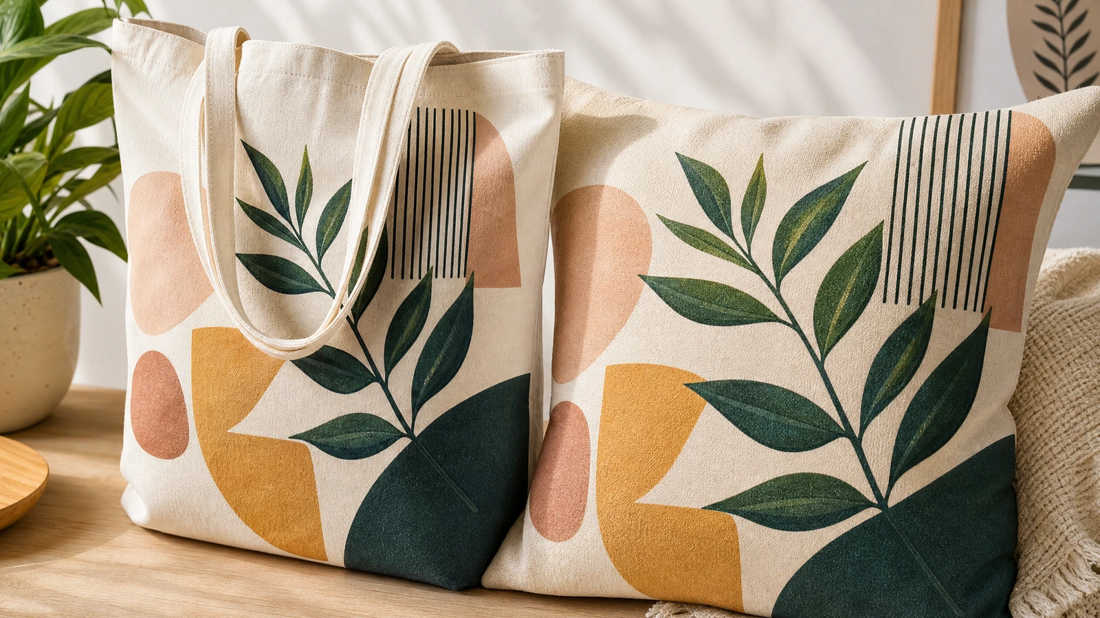 Tote bag in canvas stampata accanto a un cuscino con grafica a foglie e geometrica abbinata