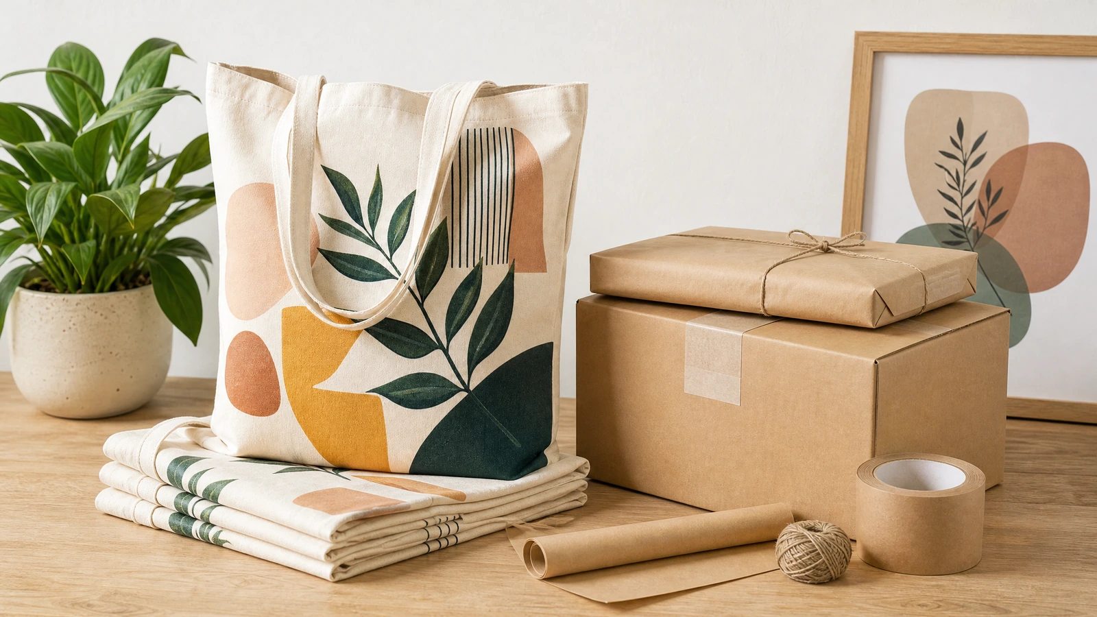 Tote bag in canvas stampata e borse abbinate piegate accanto a scatole e materiali di imballaggio