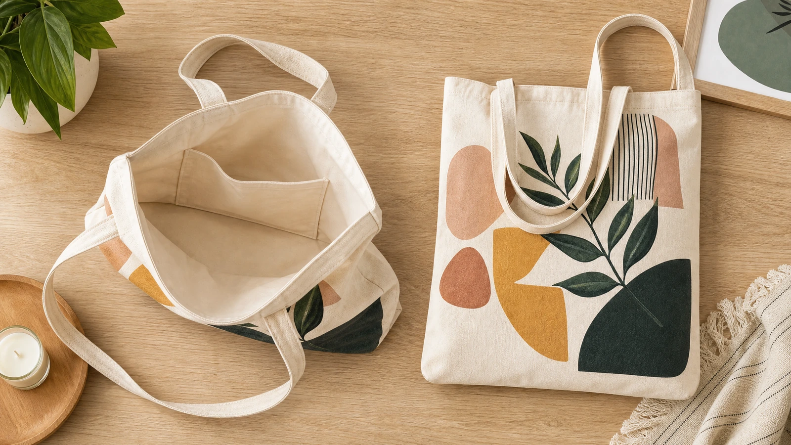 Tote bag in canvas abbinate, mostrate aperte dall'alto e piegate con il fronte stampato visibile