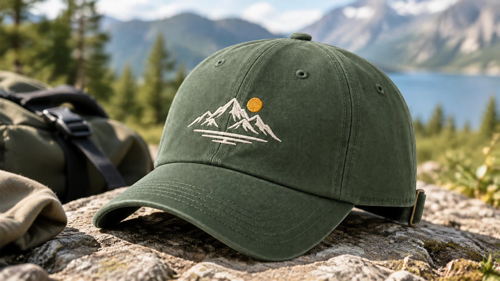 Cappellino verde ricamato accanto a uno zaino con vista su un lago e sulle montagne