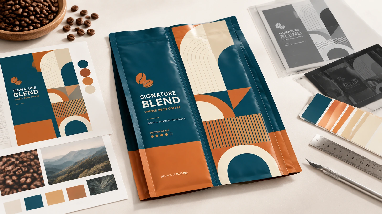 Campione di imballaggio per caffè turchese e arancione accanto a fogli di grafica, chicchi di caffè e campioni di colore