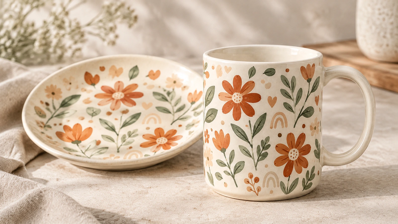 Tazza floreale in ceramica accanto a un piatto decorato abbinato