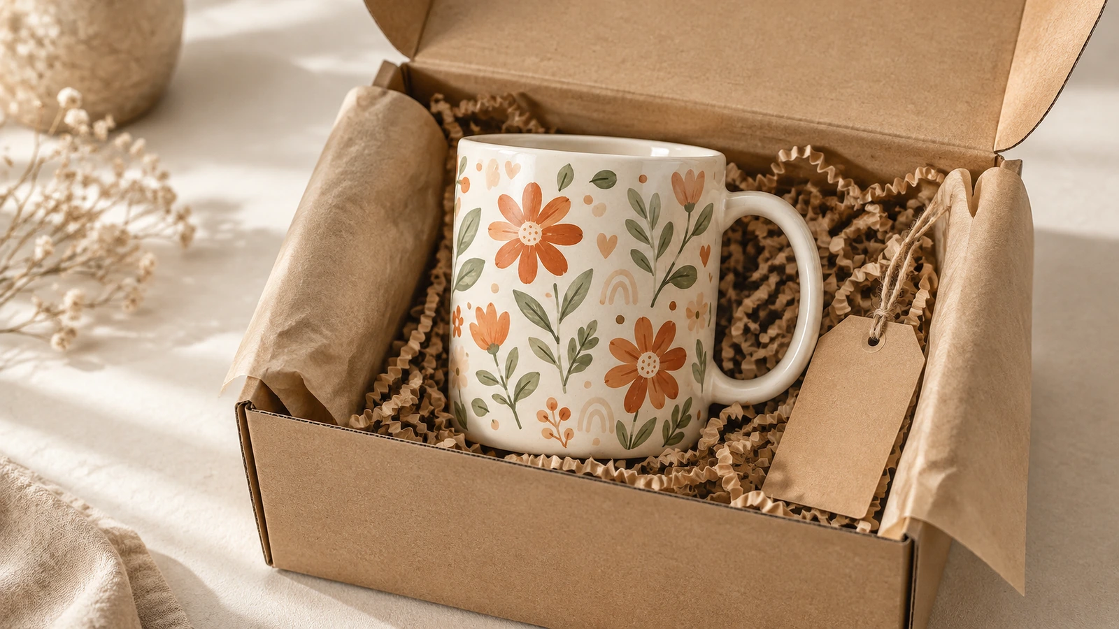 Tazza floreale in una scatola regalo di cartone aperta con imbottitura di carta