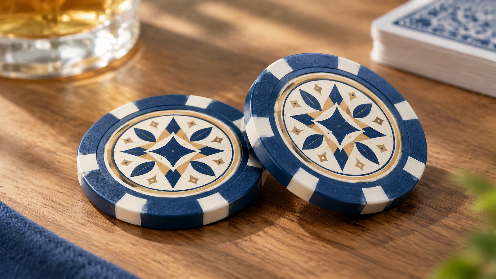 Due fiches da poker con disegni geometrici su un tavolo di legno accanto a un mazzo di carte