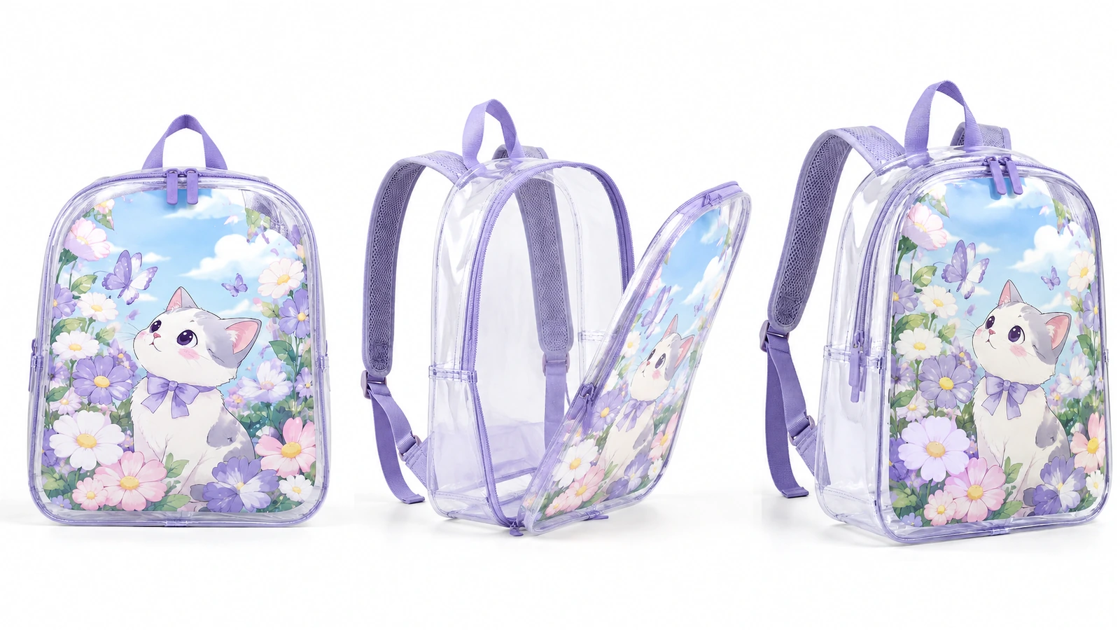 Tre viste di uno zaino trasparente con rifiniture viola e pannello frontale floreale con gattino