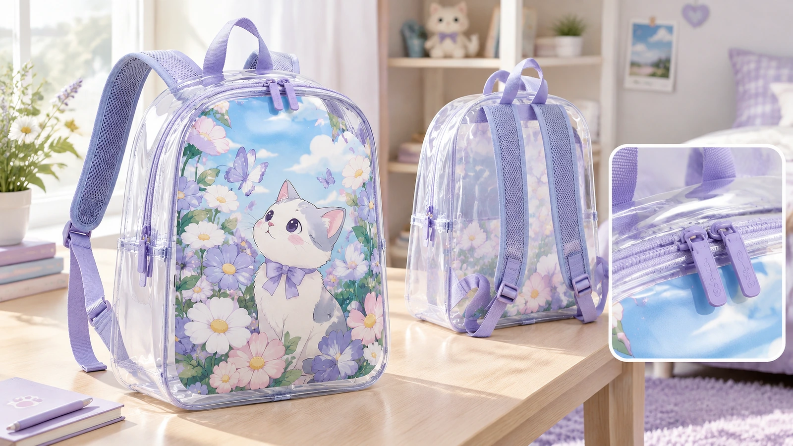 Viste frontale e posteriore di uno zaino con rifiniture viola e primo piano di una cerniera