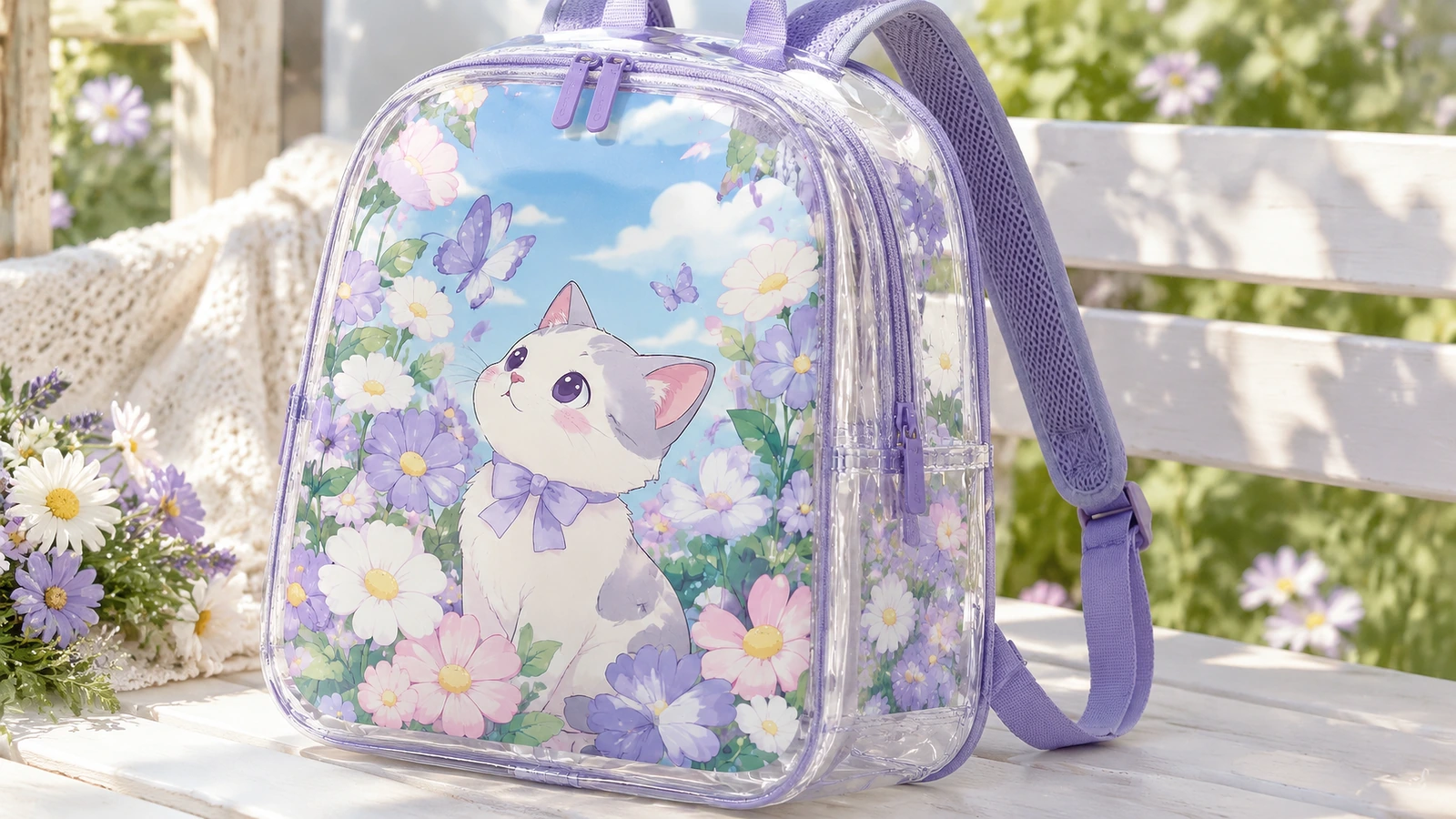 Zaino trasparente con rifiniture viola e grafica floreale con gattino su una panchina all'aperto
