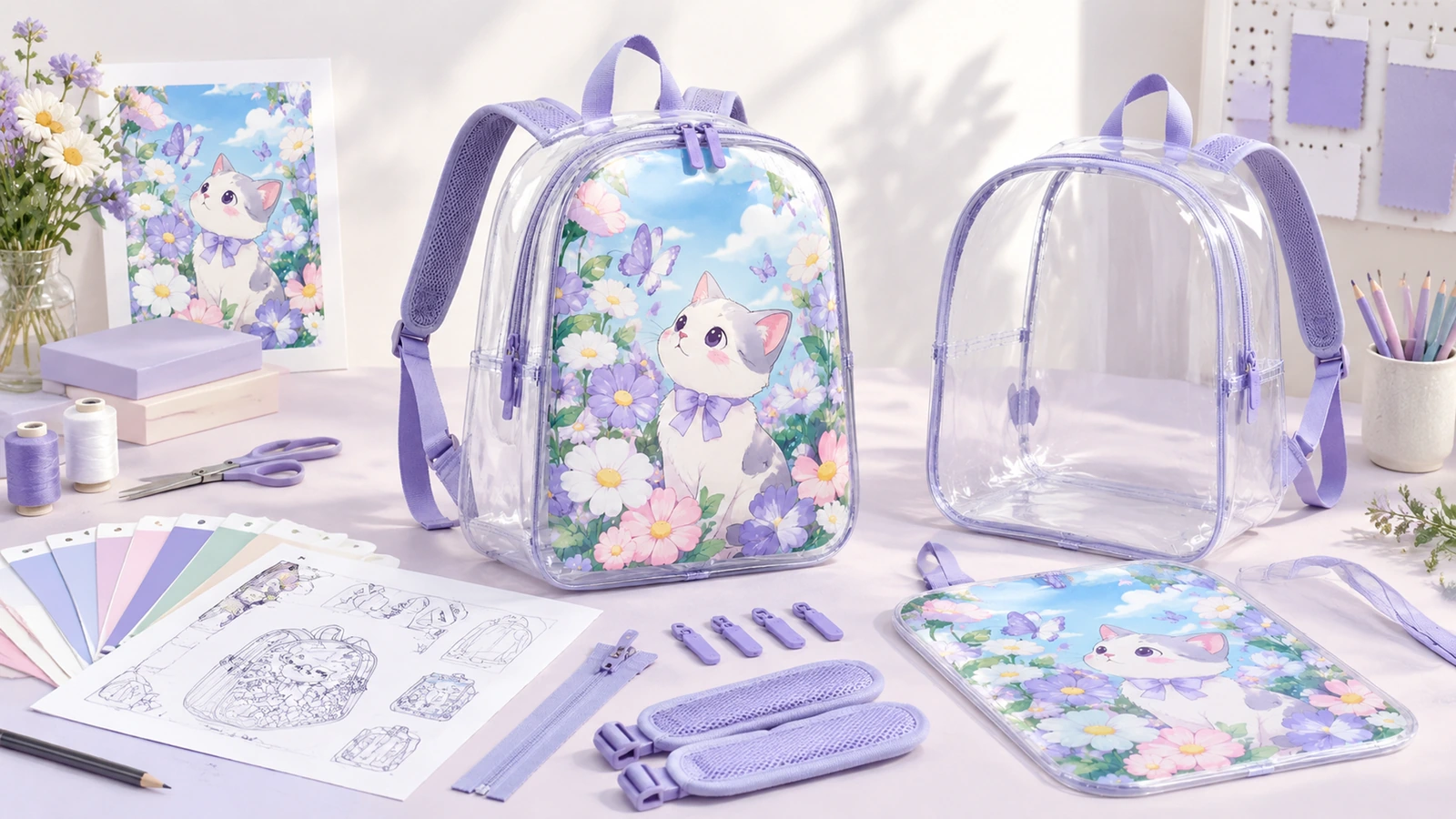Zaini trasparenti con rifiniture viola, grafica con gattino e fiori, campioni di colore e componenti campione su una scrivania