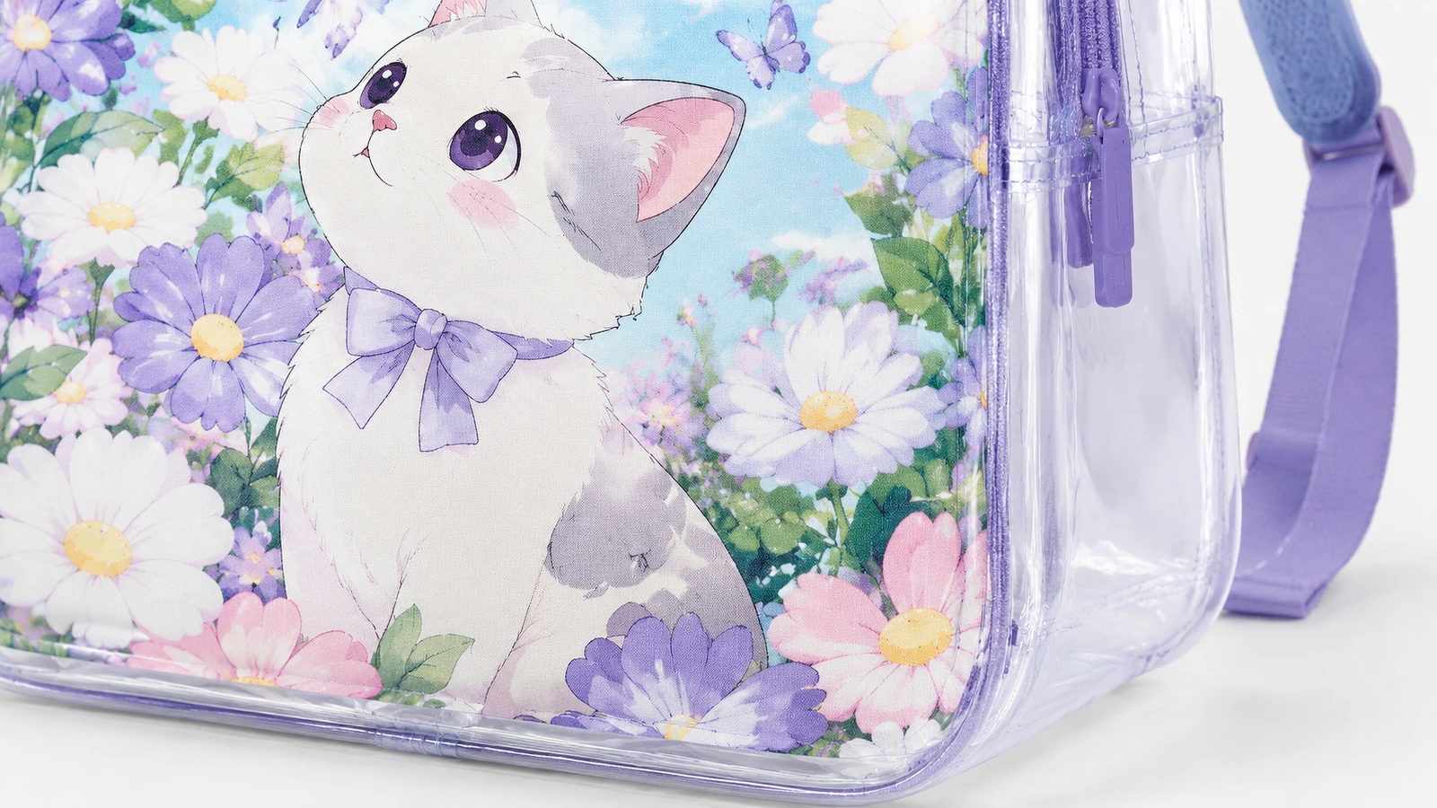 Primo piano della grafica con gattino e fiori, del pannello laterale trasparente e dello spallaccio viola dello zaino