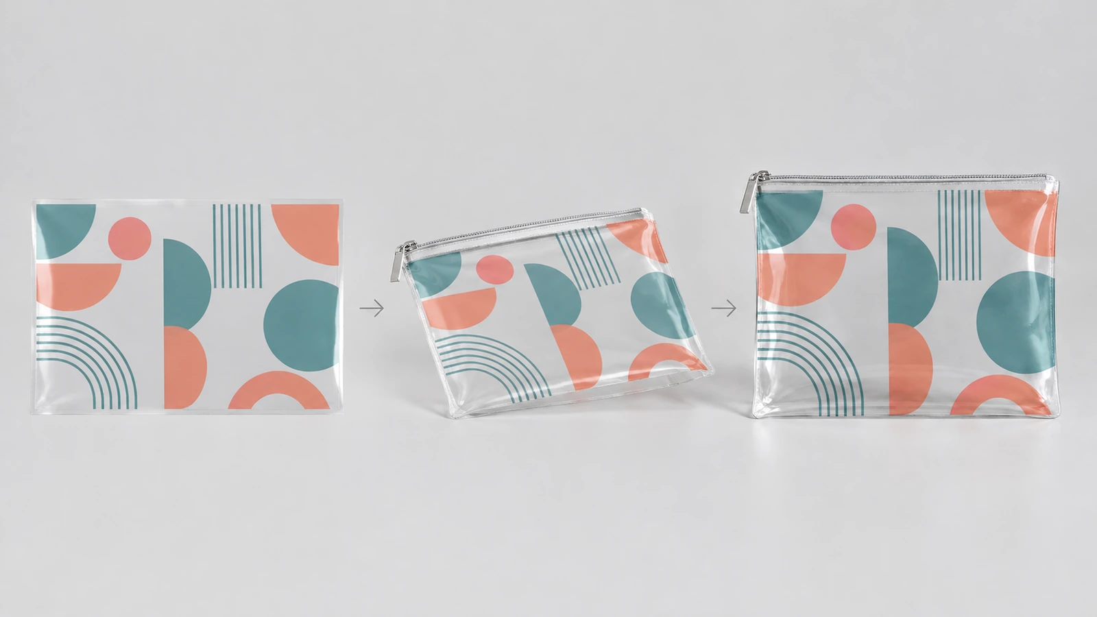 Pannello grafico e pochette con cerniera finite Sequenza che mostra un pannello grafico geometrico e due pochette trasparenti con cerniera finite