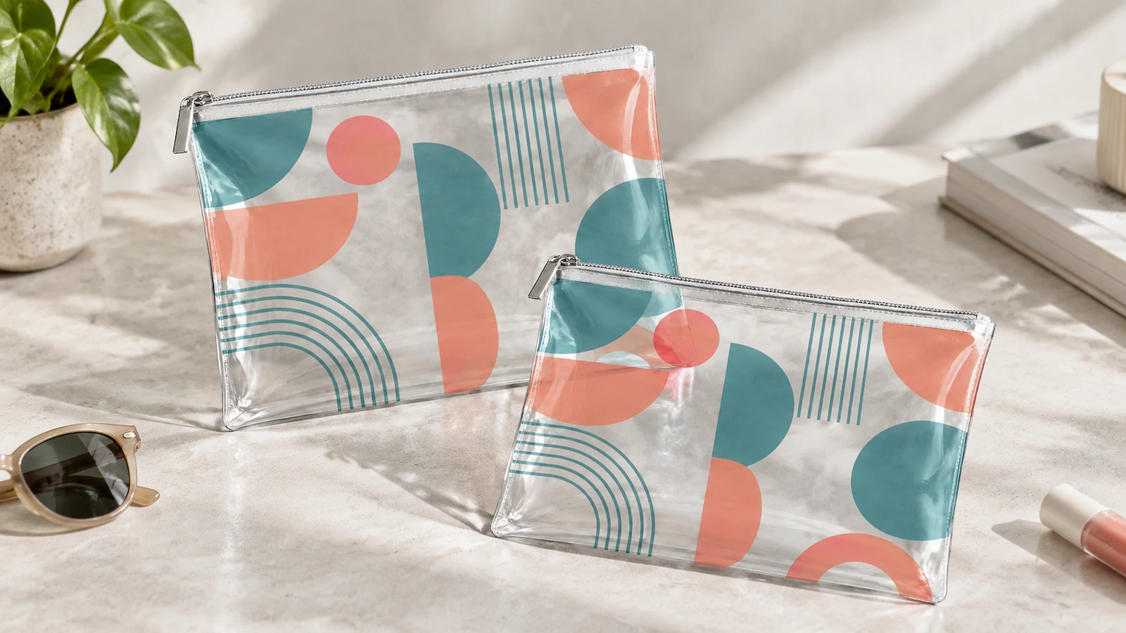 Esposizione di pochette trasparenti con cerniera stampate Due pochette trasparenti con cerniera stampate su un tavolo, accanto ad accessori personali