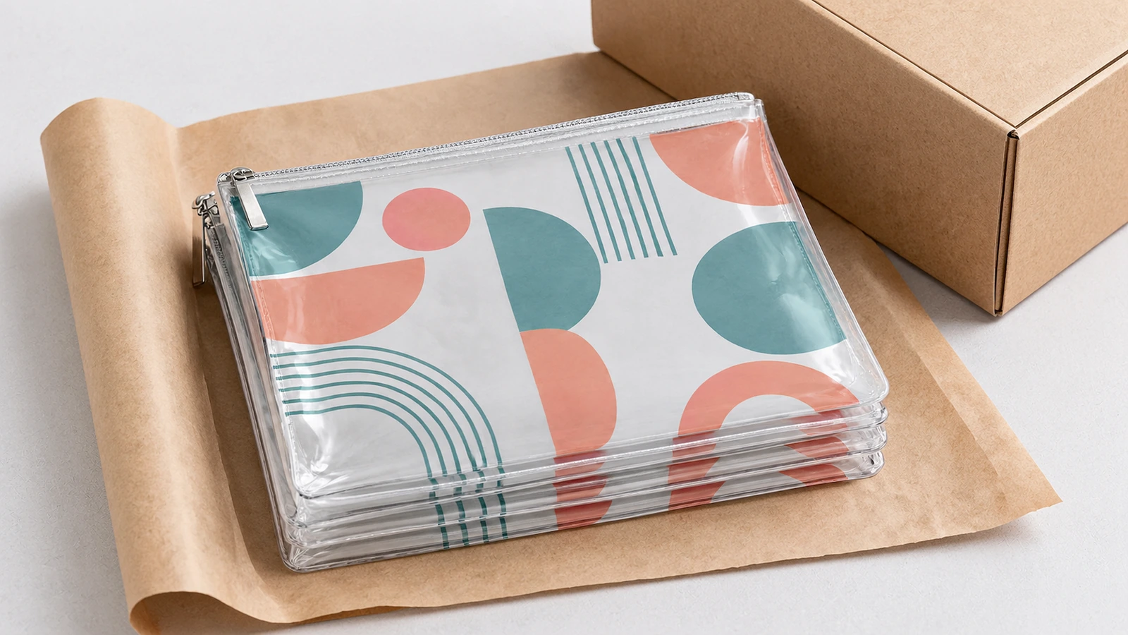 Pochette trasparenti e materiali di imballaggio Pochette trasparenti con cerniera impilate su carta kraft, accanto a una scatola di cartone