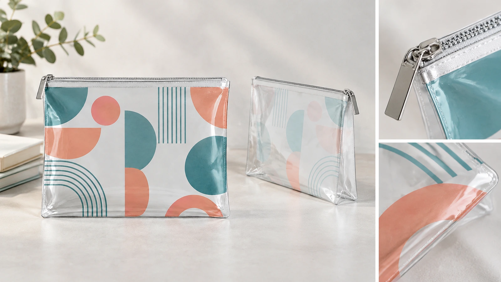 Viste e dettagli costruttivi della pochette trasparente con cerniera Esposizione del fronte e del retro della pochette con primi piani di cerniera e cucitura
