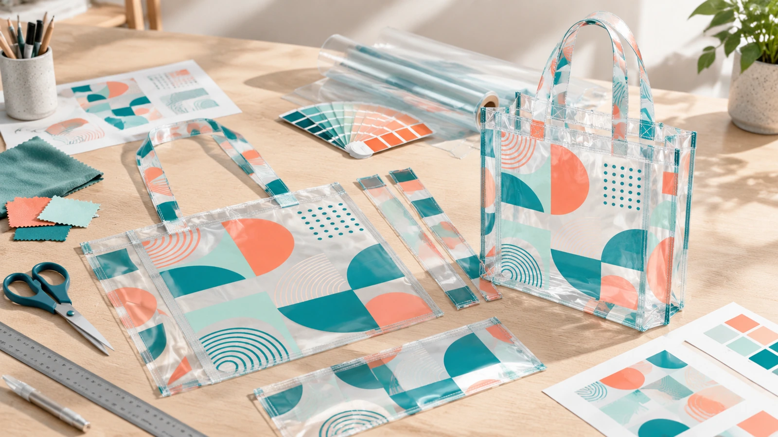 Componenti di tote bag trasparenti con stampa geometrica e borsa assemblata accanto a grafiche, campioni colore e attrezzi