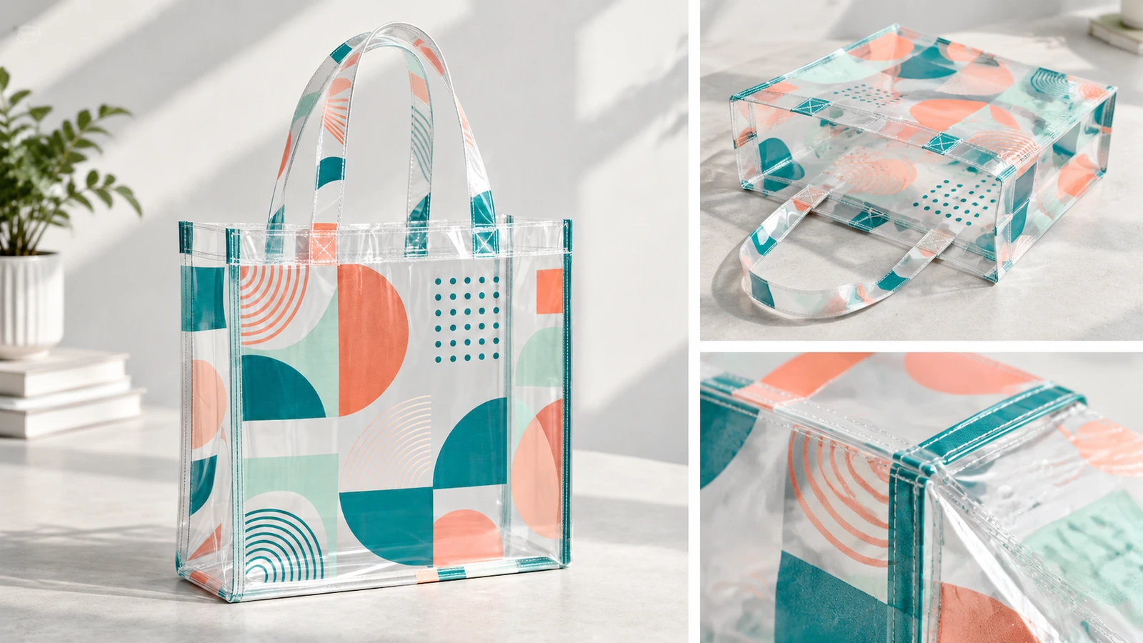 Esposizione di tote bag trasparenti con dettagli di borsa piegata e cuciture