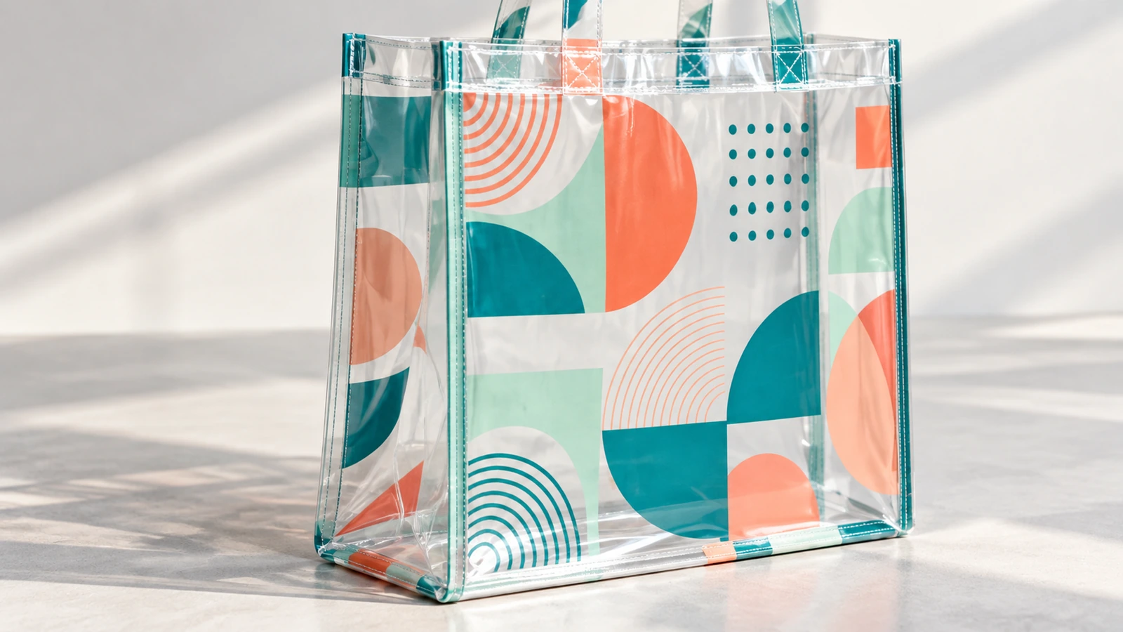 Tote bag trasparente in verticale con stampa geometrica corallo e turchese