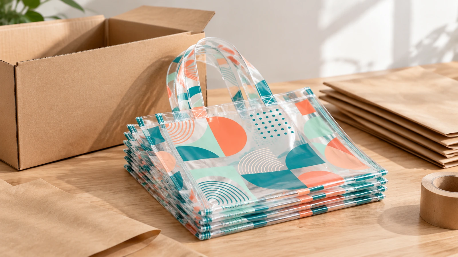 Tote bag trasparenti impilate accanto a una scatola di cartone, carta kraft e nastro da imballaggio