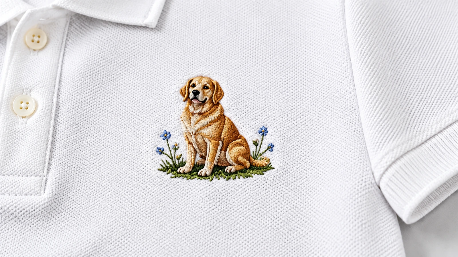 Primo piano del ricamo di cane con fiorellini su tessuto di polo bianco strutturato