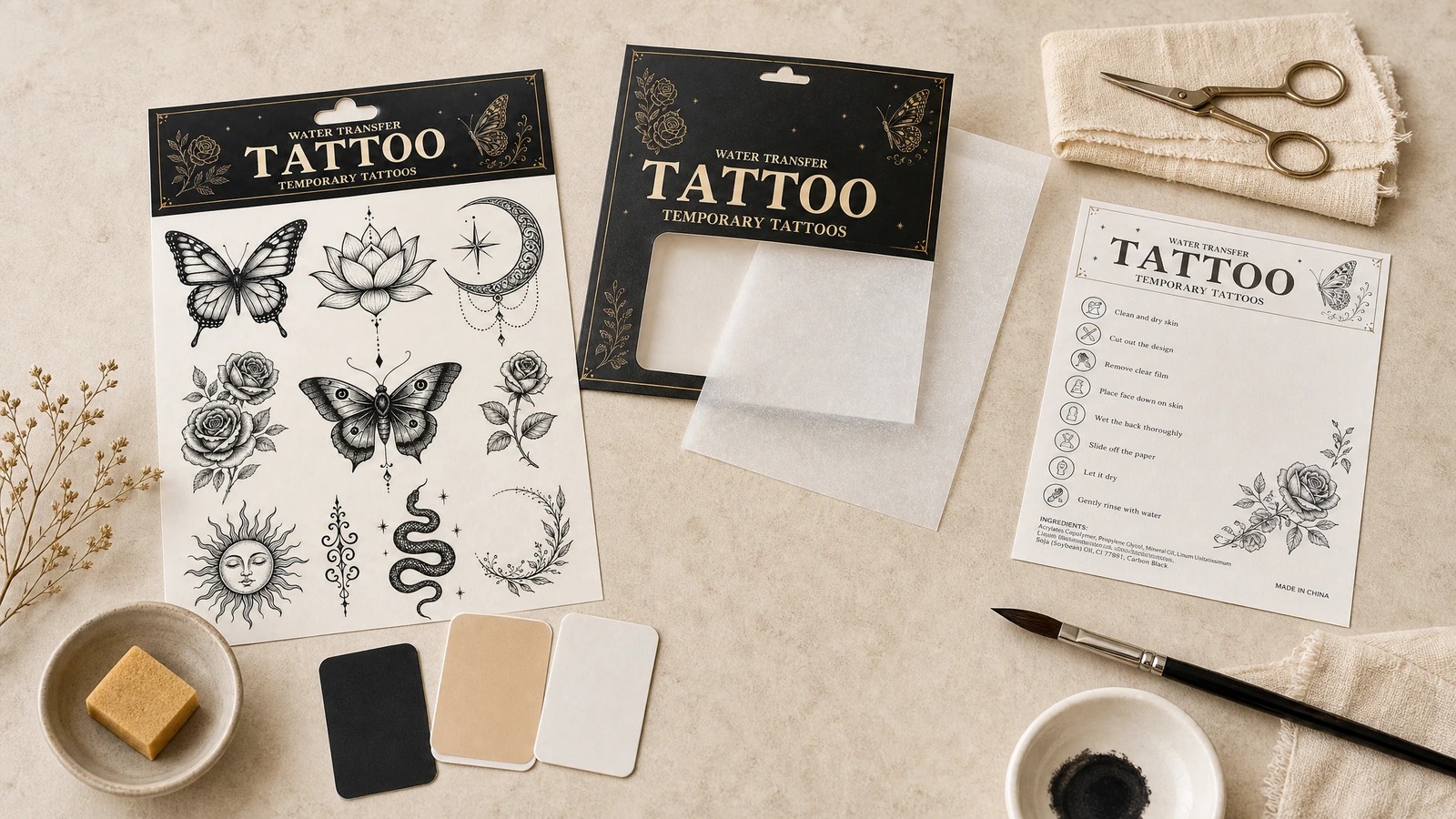 Foglio di tatuaggio temporaneo con linee nere accanto alla confezione, a forbici e a un cartoncino con le istruzioni