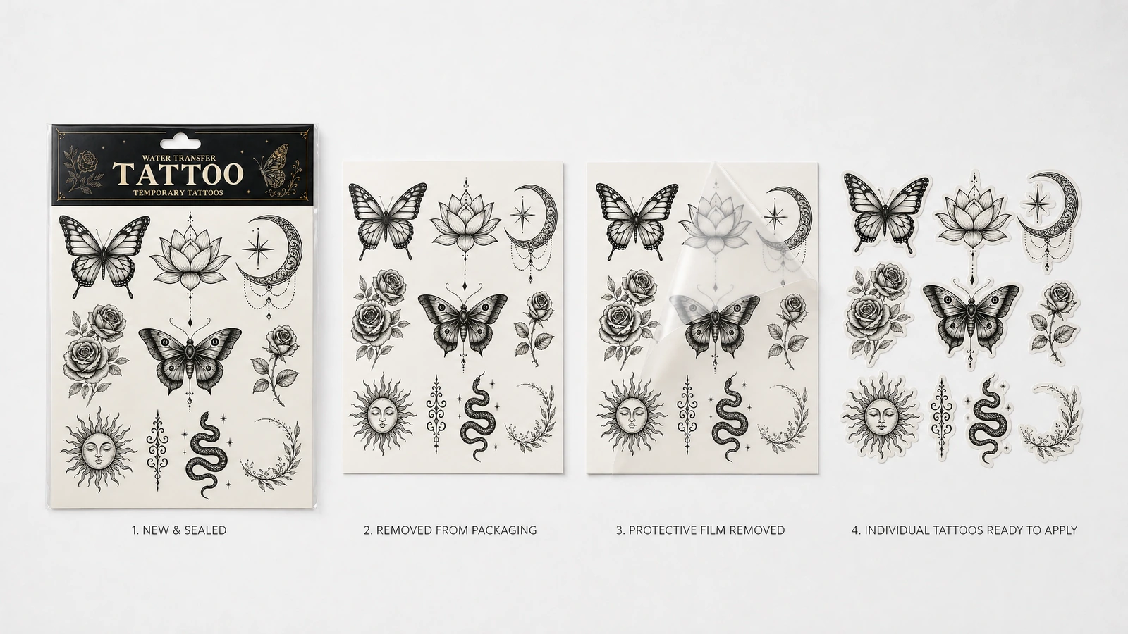 Display a 4 pannelli di un foglio di tatuaggio che viene estratto e preparato per l'applicazione