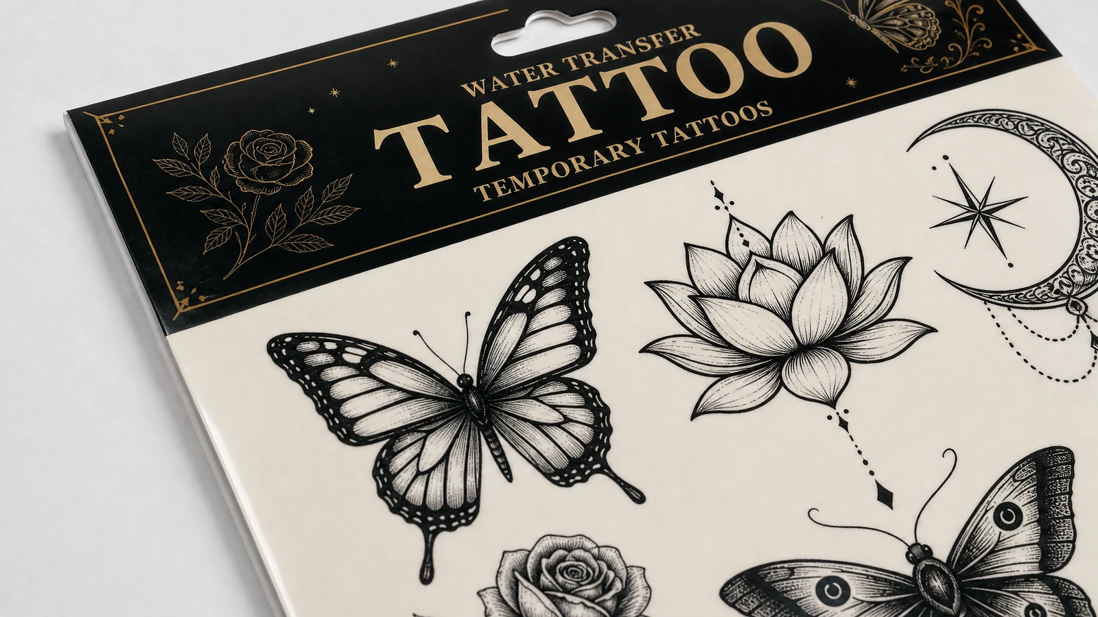 Primo piano dei disegni a farfalla, loto e mezzaluna sotto un'intestazione nera dedicata ai tatuaggi