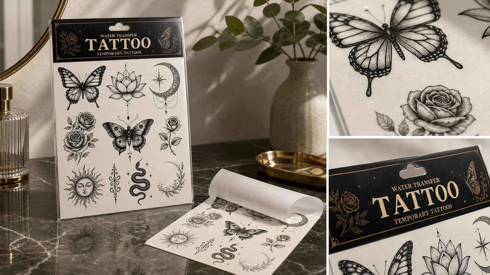Collage di un foglio di tatuaggio, del supporto srotolato e dei dettagli ravvicinati delle grafiche