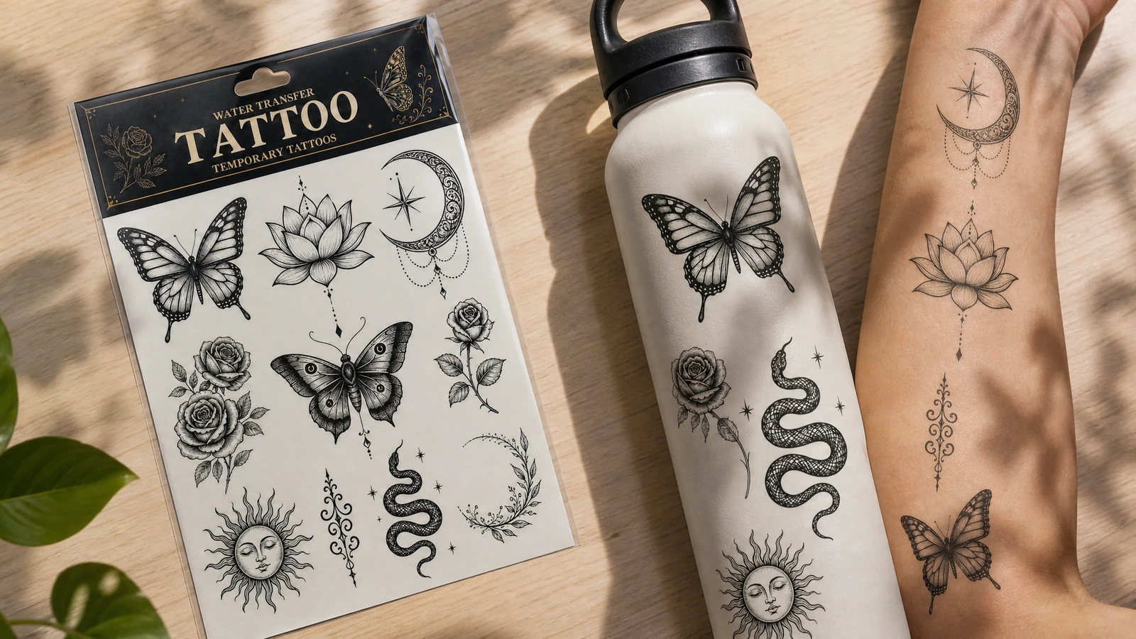 Foglio di tatuaggio accanto a un flacone decorato e a un avambraccio con motivi corrispondenti