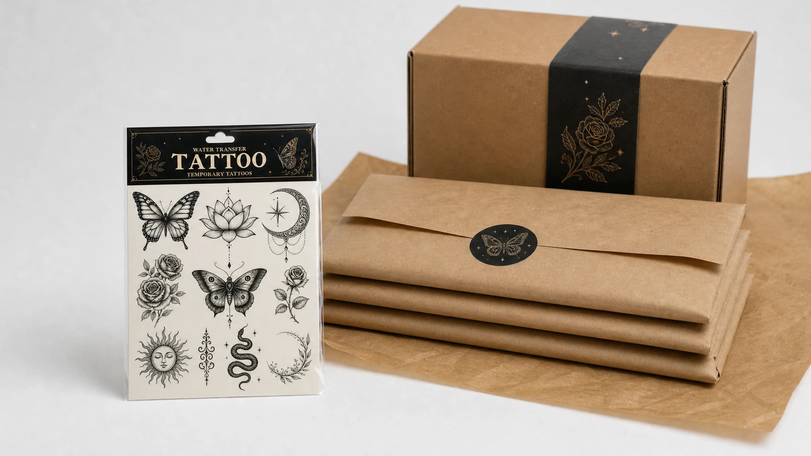 Foglio di tatuaggio accanto a buste kraft impilate e a una scatola marrone