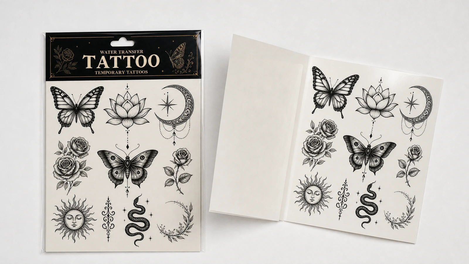 Foglio di tatuaggio confezionato accanto al foglio di supporto e a un foglio corrispondente non confezionato