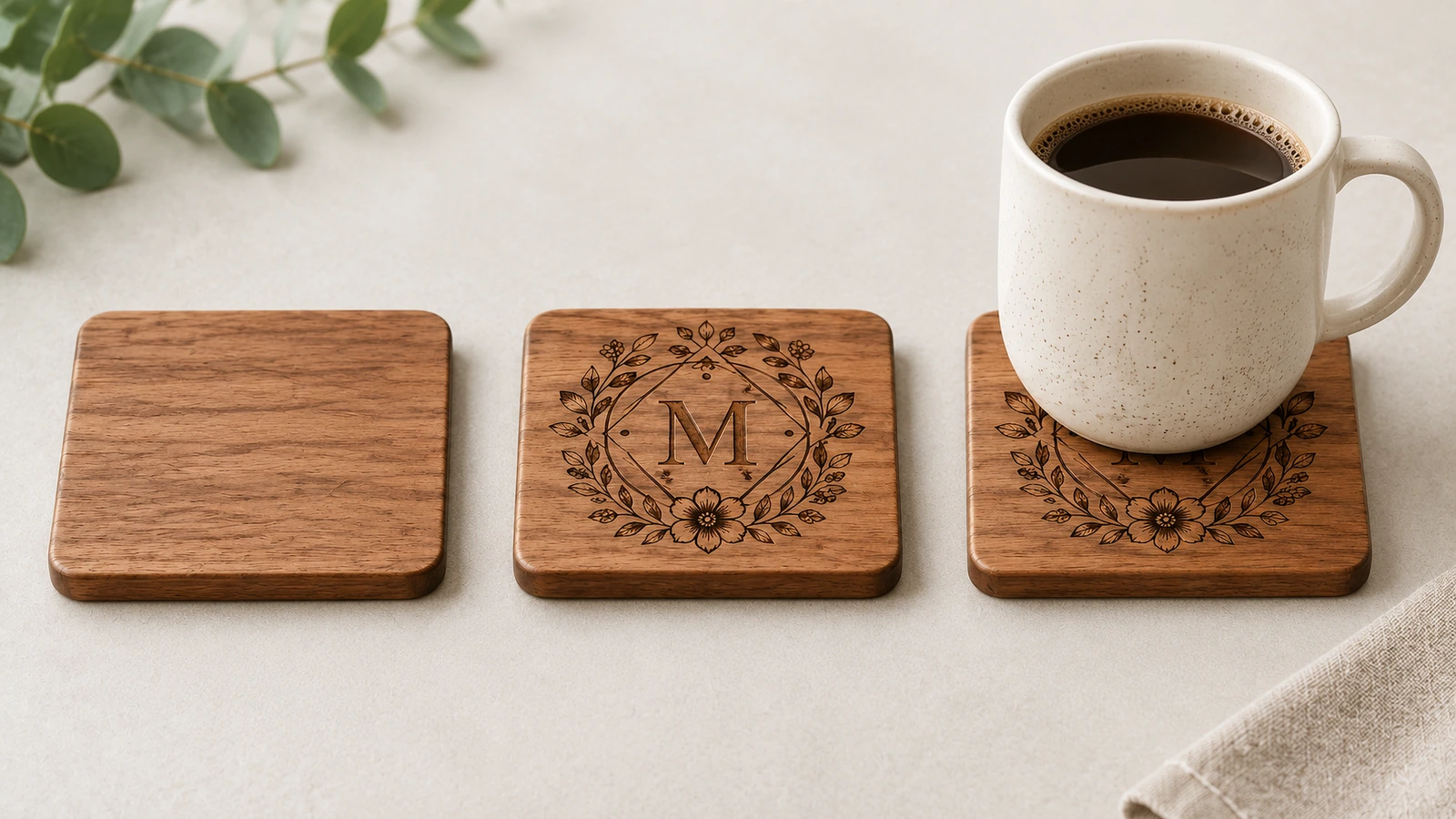 Confronto tra aspetto e utilizzo dei sottobicchieri in legno Sottobicchiere in legno semplice, sottobicchiere con monogramma e un sottobicchiere sotto una tazza da caffè