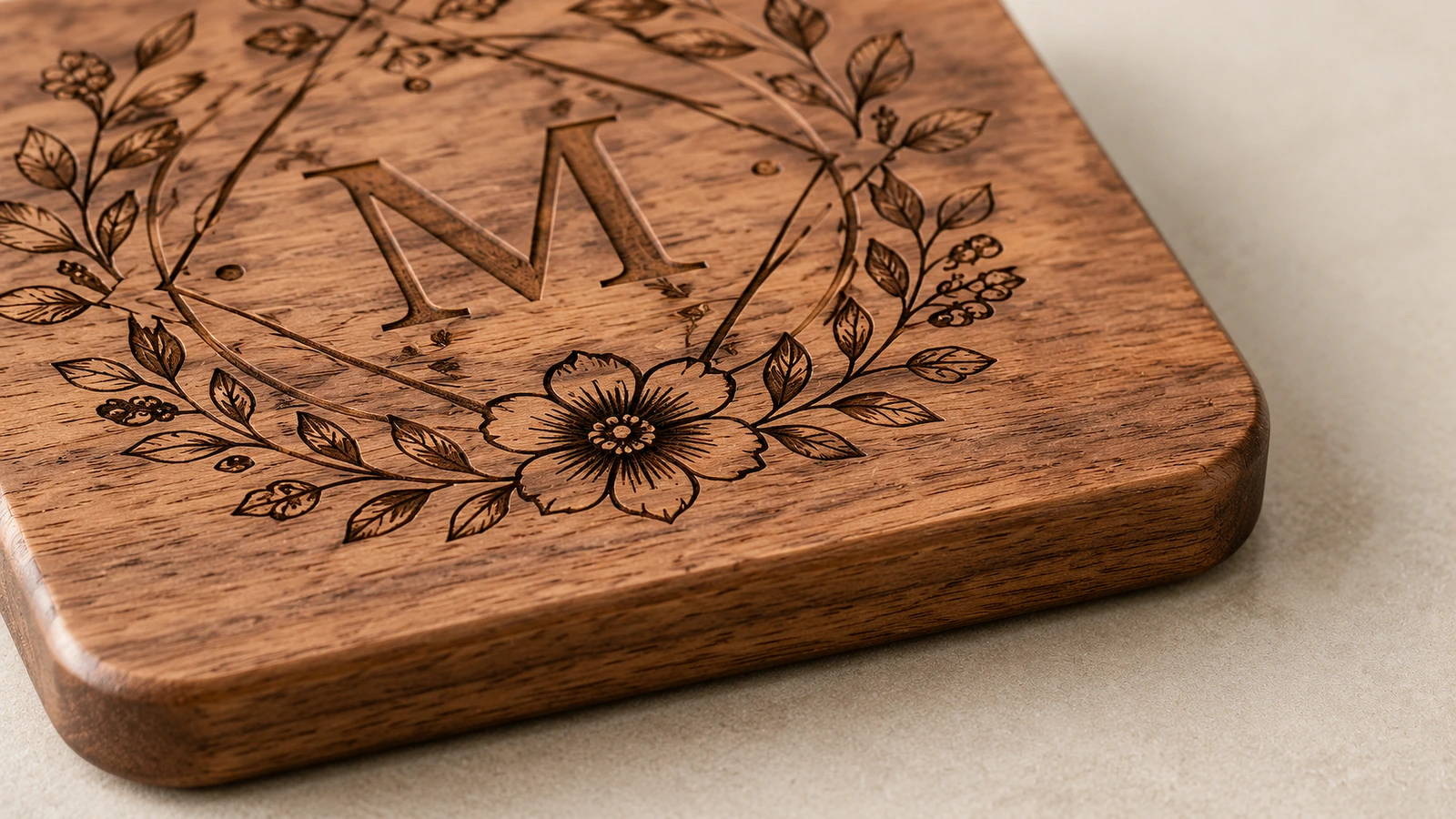 Dettaglio dell'incisione su sottobicchiere in legno Primo piano di un monogramma floreale su un sottobicchiere in legno con angoli arrotondati