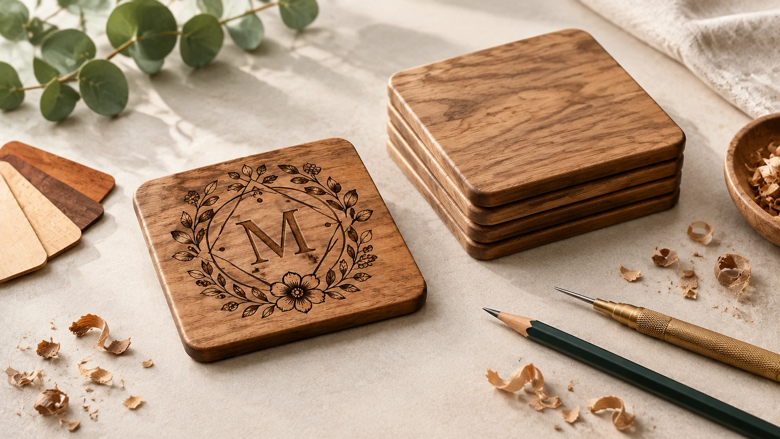 Sottobicchiere in legno e materiali per l'artigianato Sottobicchiere quadrato in legno con monogramma accanto a una pila di sottobicchieri semplici, campioni di legno e attrezzi da artigianato