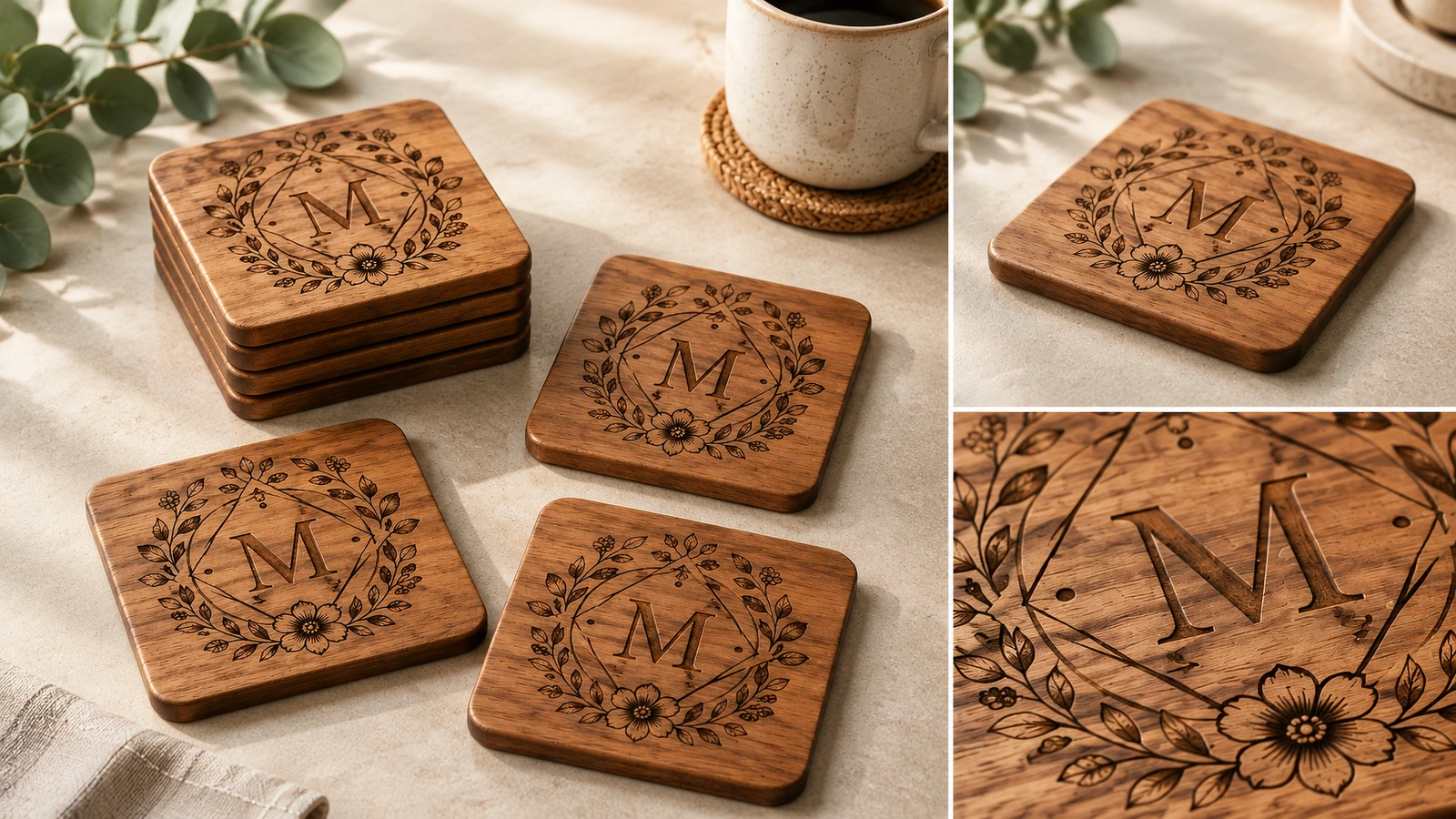 Set di sottobicchieri in legno e dettaglio dell'incisione Collage di sottobicchieri in legno con monogramma, impilati e singoli, con primo piano dell'incisione