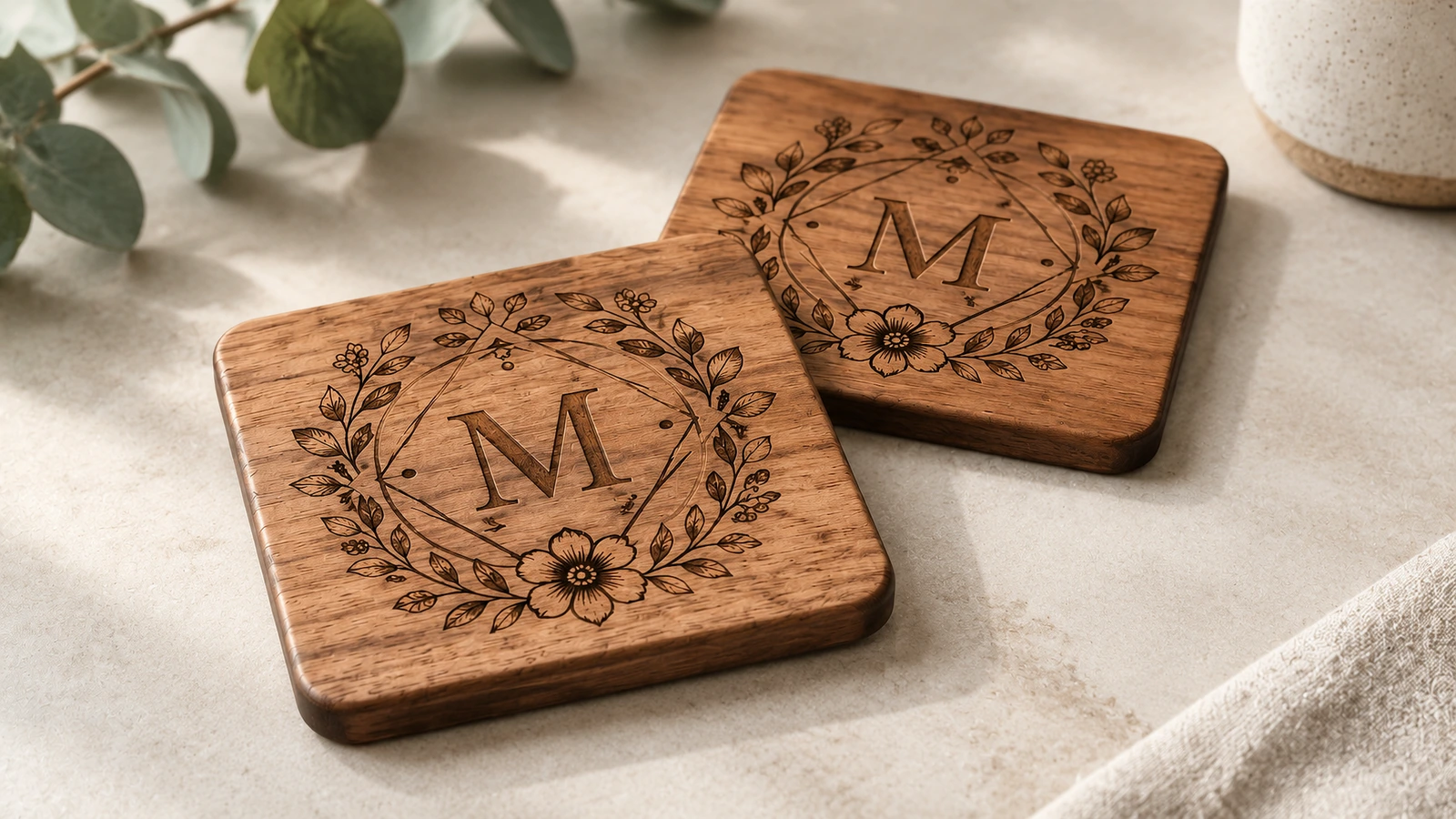 Coppia di sottobicchieri in legno con monogramma Due sottobicchieri quadrati in legno incisi con un monogramma floreale su una superficie di lino